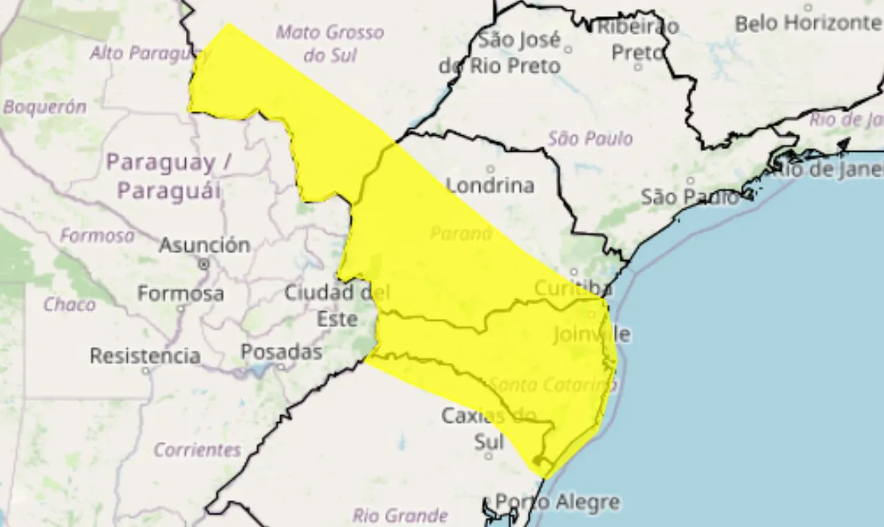 Trata-se de um alerta amarelo para vendaval nas regiões sul e centro-oeste